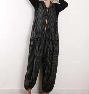 large Pockets Striped Loose Cotton Women Casual Jumpsuits PZ97251