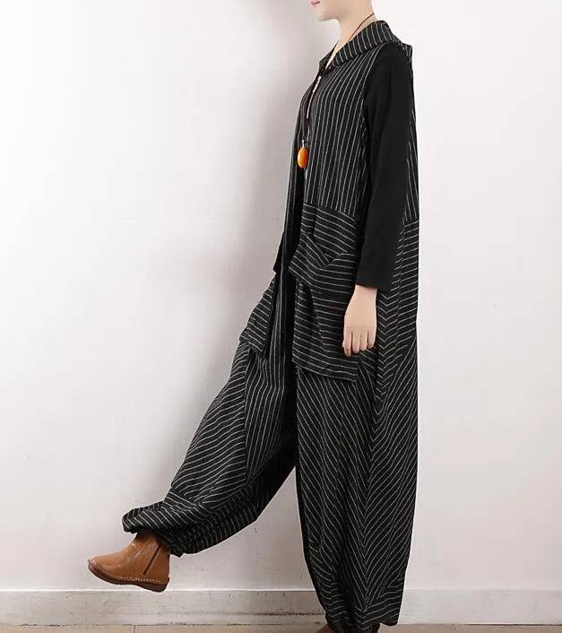 large Pockets Striped Loose Cotton Women Casual Jumpsuits PZ97251