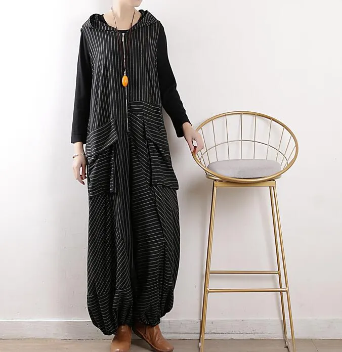 large Pockets Striped Loose Cotton Women Casual Jumpsuits PZ97251