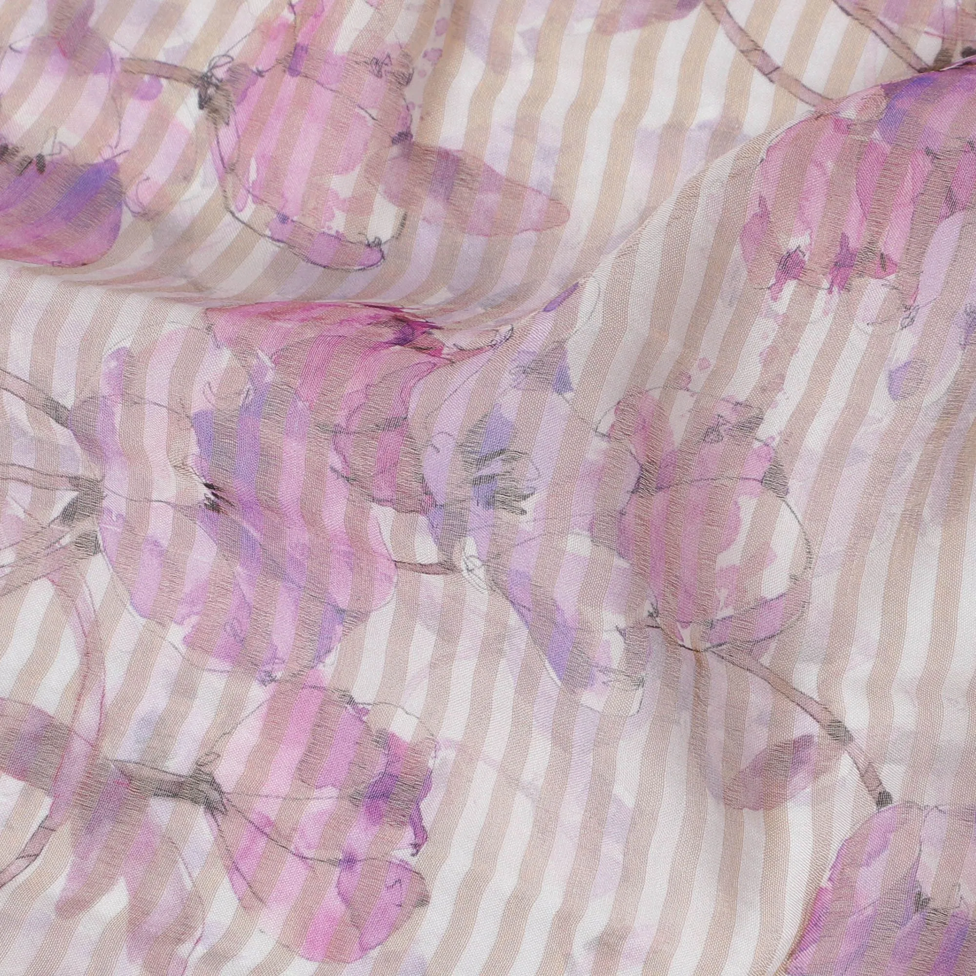 Lavender pink blended viscose organza fabric with gold metallic stripe having multicolor print in floral design-D17478