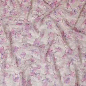 Lavender pink blended viscose organza fabric with gold metallic stripe having multicolor print in floral design-D17478