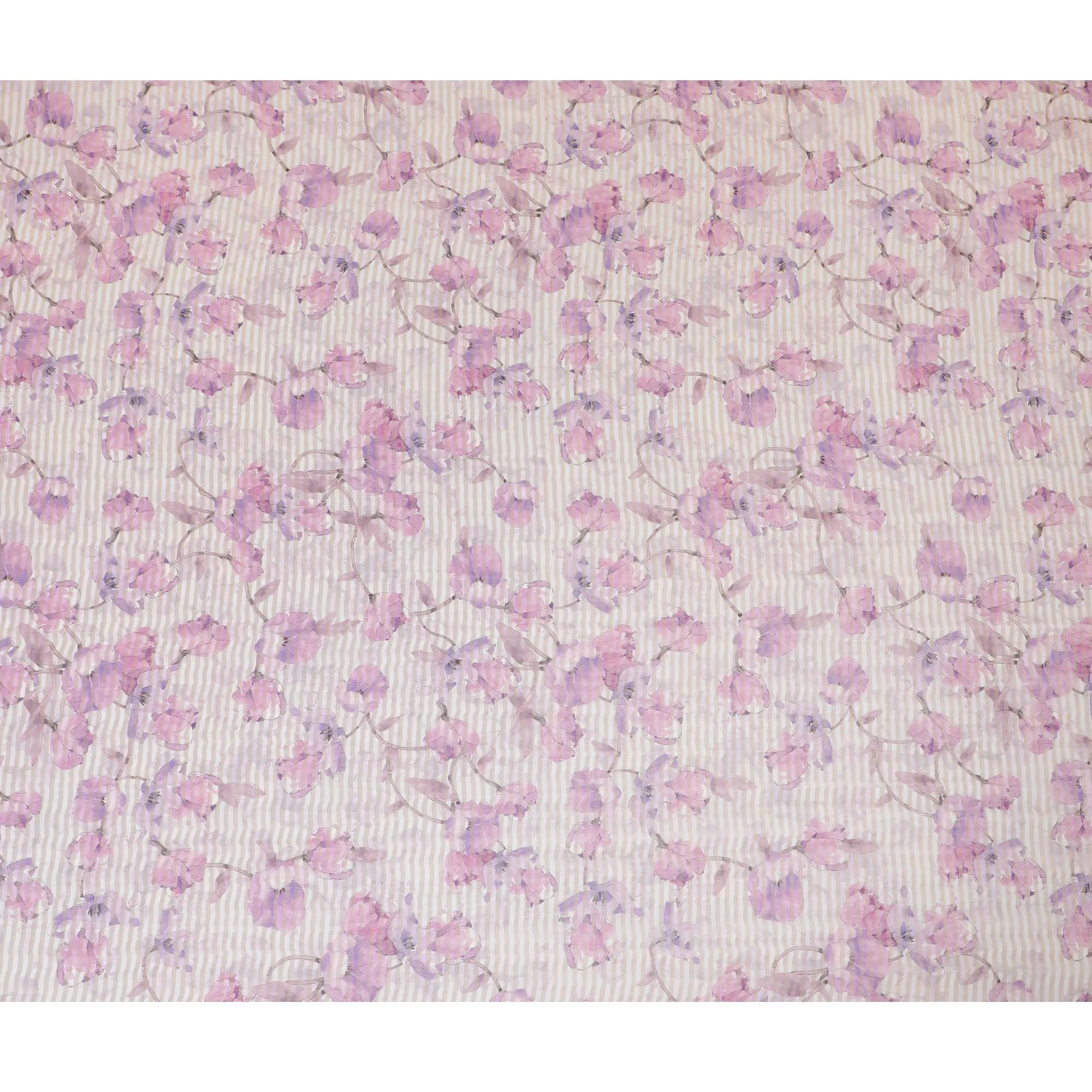 Lavender pink blended viscose organza fabric with gold metallic stripe having multicolor print in floral design-D17478