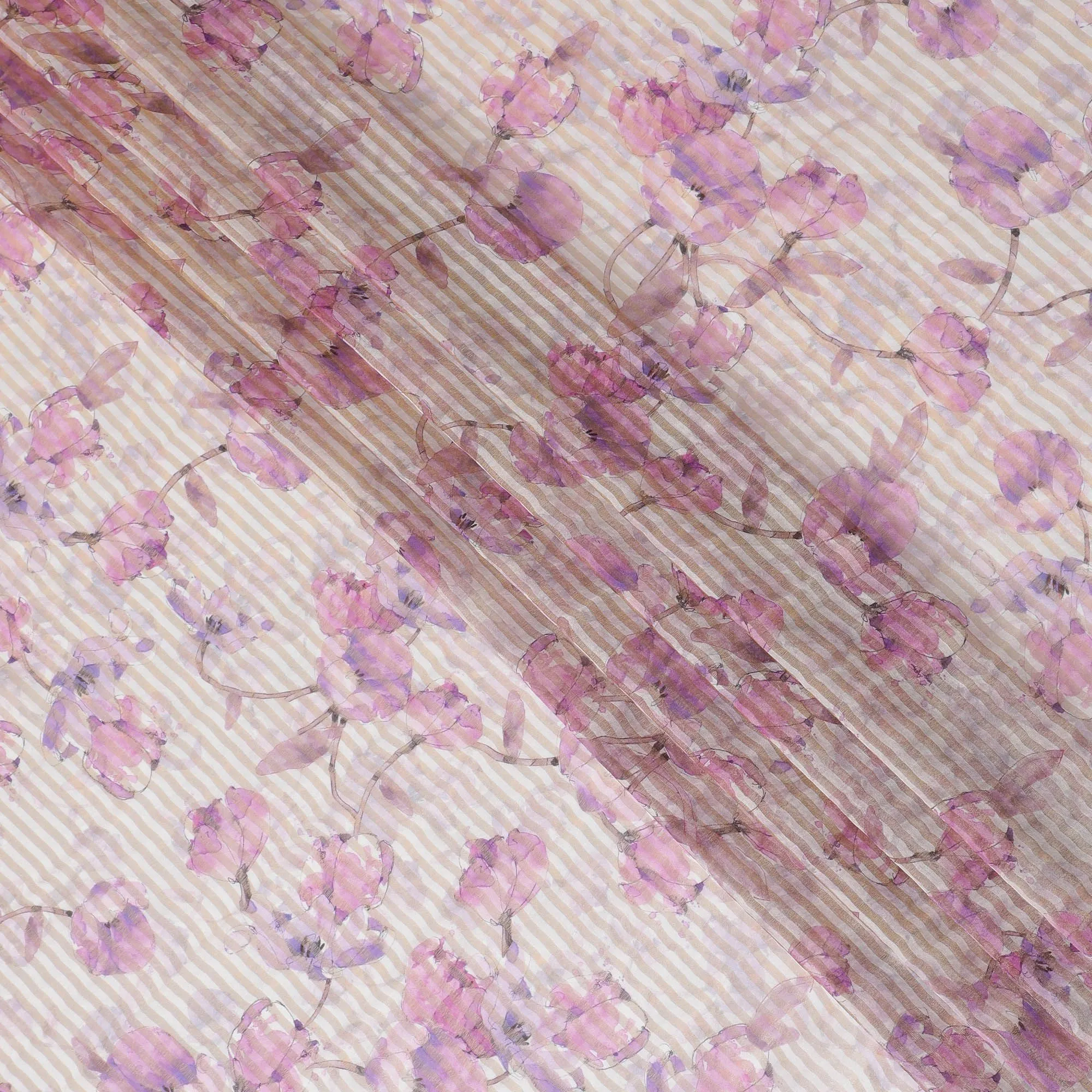 Lavender pink blended viscose organza fabric with gold metallic stripe having multicolor print in floral design-D17478