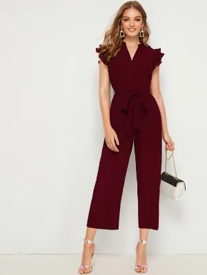 Layered Pleated Sleeve Belted Jumpsuit