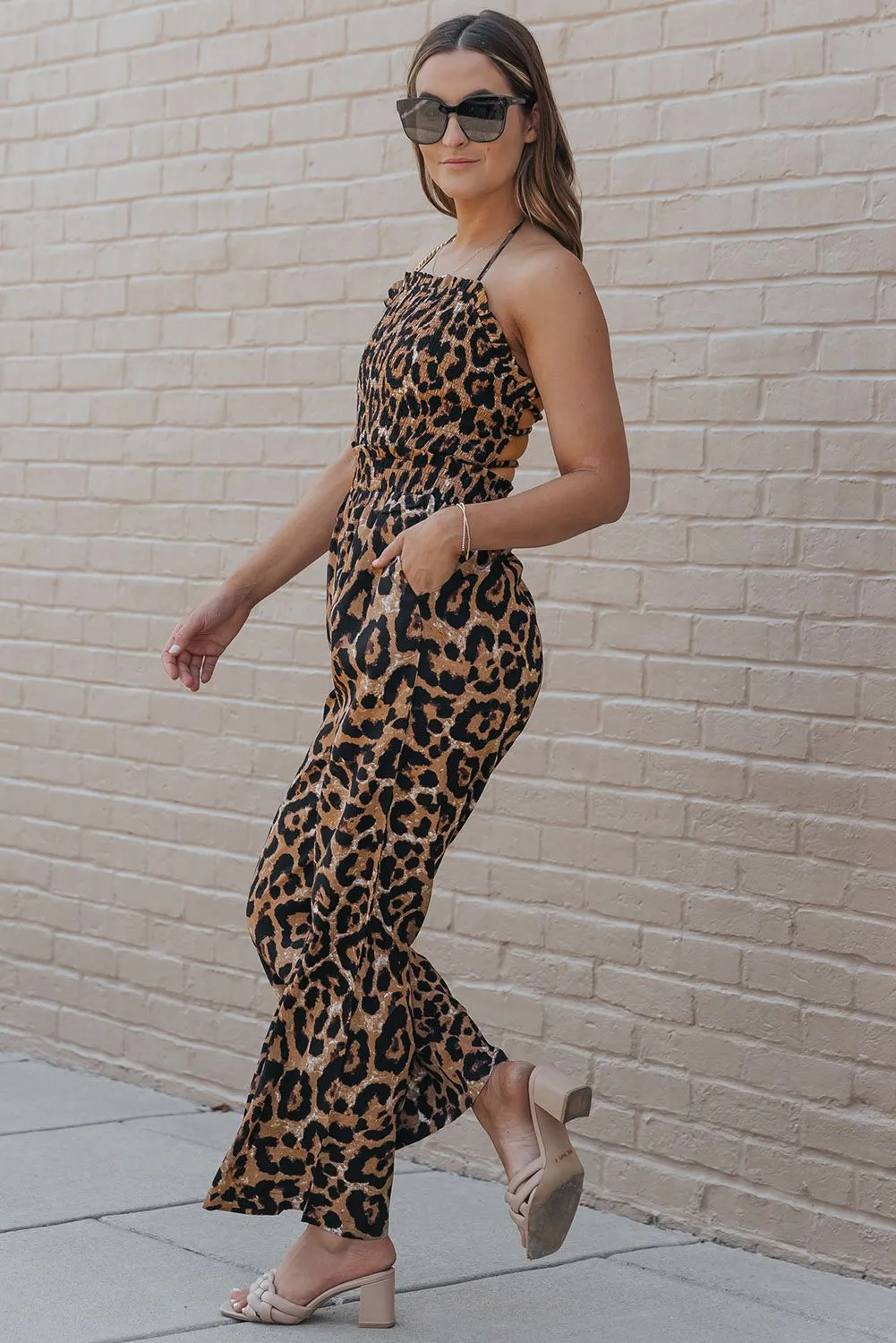 Leopard Halter Backless Wide Leg Jumpsuit