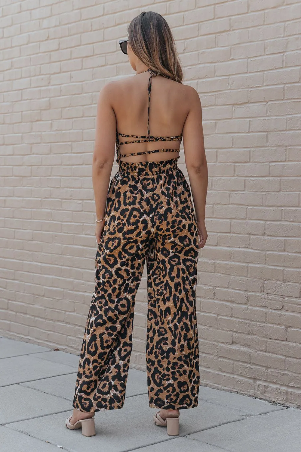 Leopard Halter Backless Wide Leg Jumpsuit