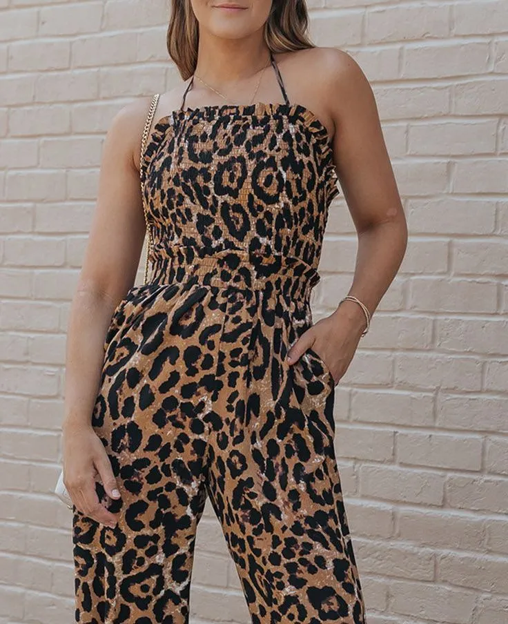 Leopard Halter Backless Wide Leg Jumpsuit