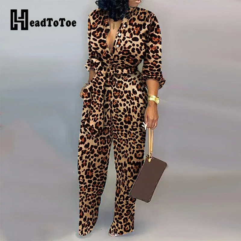 Leopard Tied Waist Long Sleeve Jumpsuit