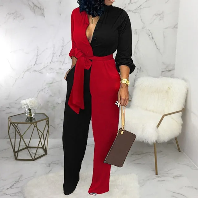 Leopard Tied Waist Long Sleeve Jumpsuit