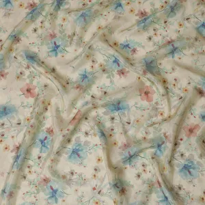 Light beige blended viscose organza fabric with multicolor print having metallic finish in floral design-D17483