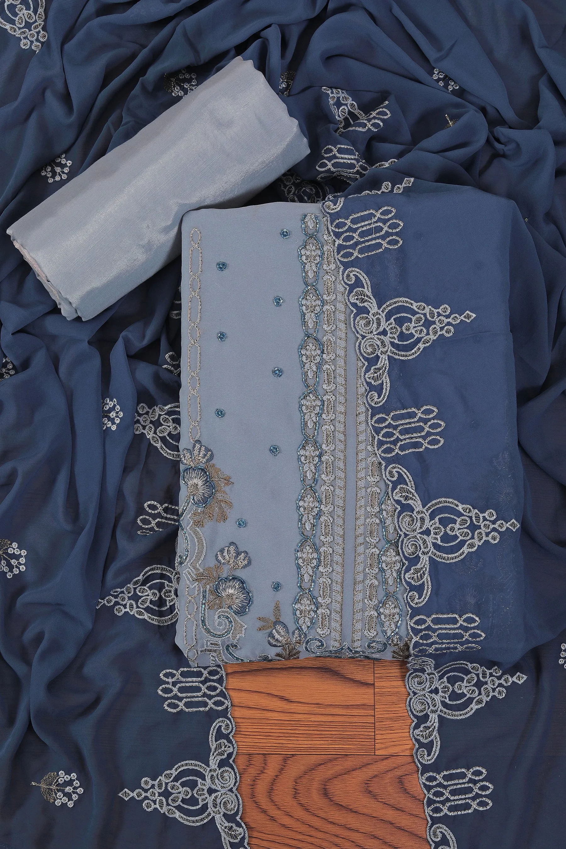 Light Blue Embroidered Poly Georgette Dress Material with Dupatta