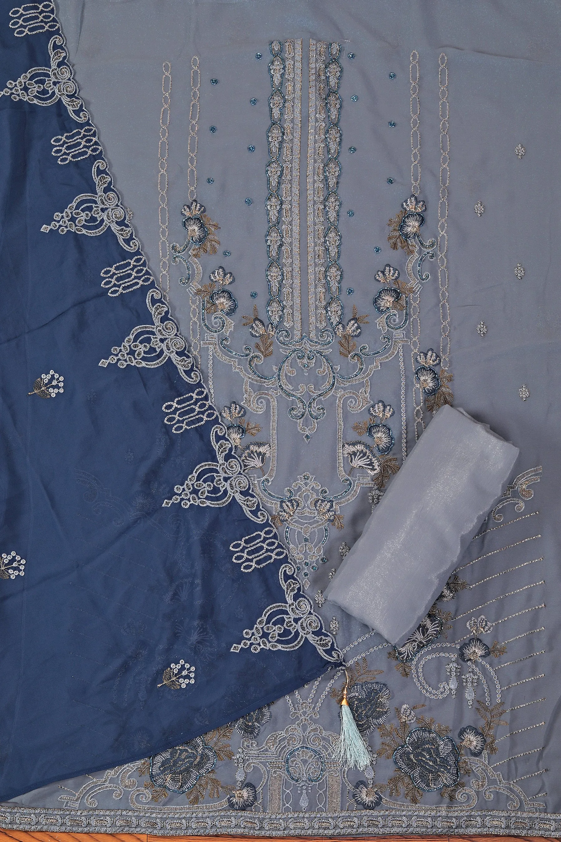 Light Blue Embroidered Poly Georgette Dress Material with Dupatta