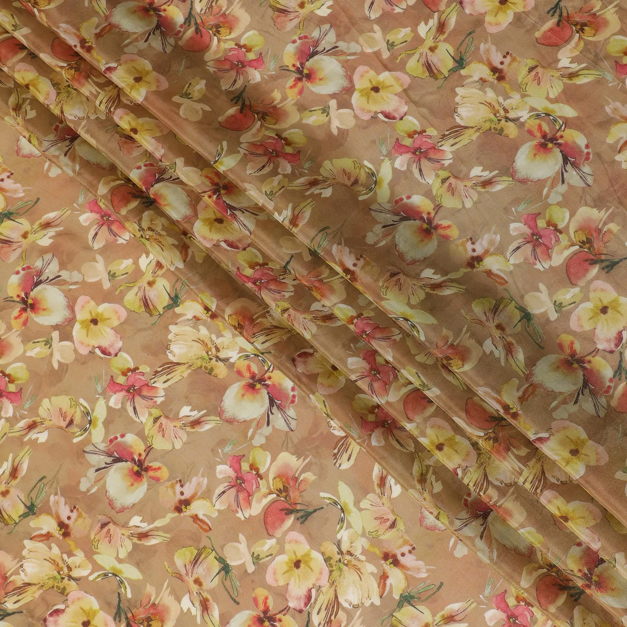 Light mustard blended viscose organza fabric with multicolor print having metallic finish in floral design-D17495