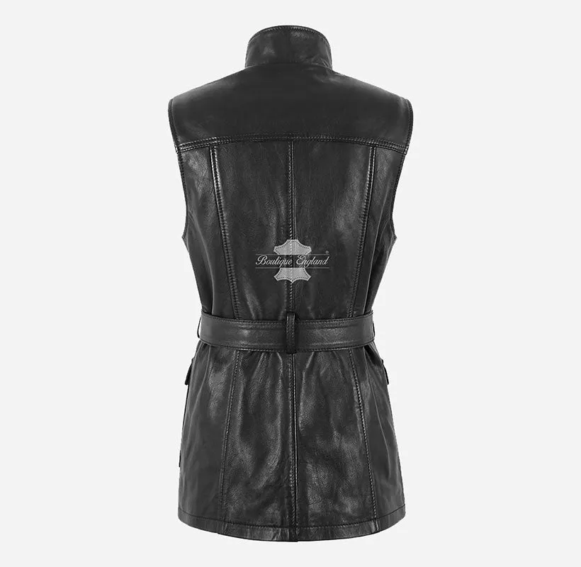 Lily Long Leather Vest Ladies Trench Coat Style Belted Sleeveless Jacket Waistcoat