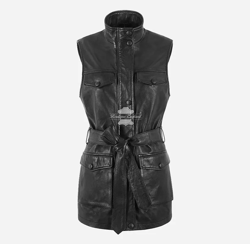 Lily Long Leather Vest Ladies Trench Coat Style Belted Sleeveless Jacket Waistcoat