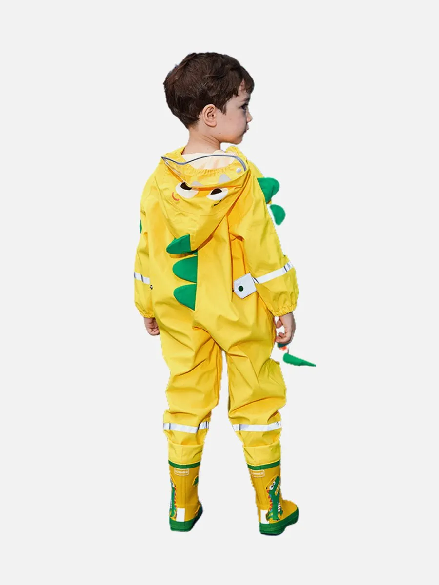 Little Surprise Box Bright Yellow 3D Dino Theme All Over Jumpsuit / Playsuit Raincoat for Kids