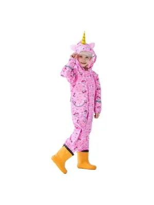 Little Surprise Box Pink Unicorn Theme All Over Jumpsuit / Playsuit Raincoat for Kids