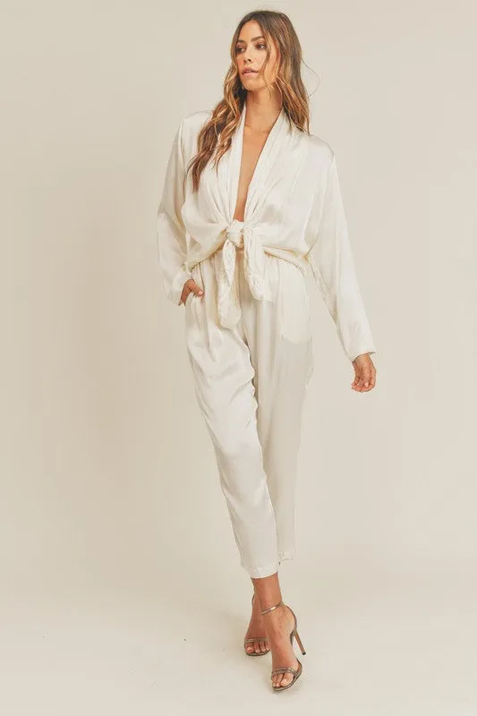 Lizzie Long Sleeve Open Front Tie Satin Jumpsuit