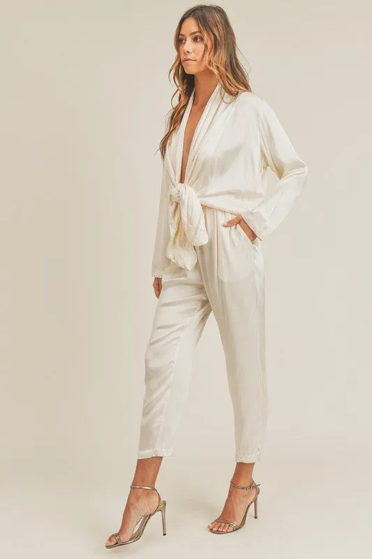 Lizzie Long Sleeve Open Front Tie Satin Jumpsuit