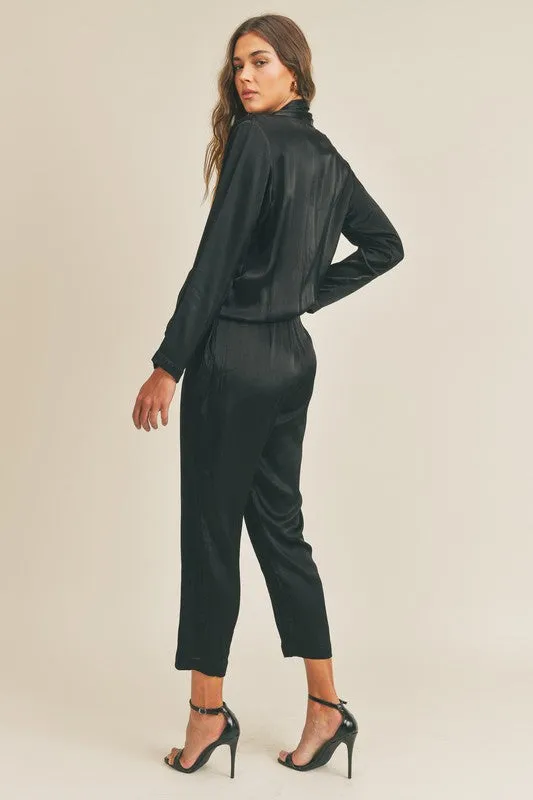 Lizzie Long Sleeve Open Front Tie Satin Jumpsuit