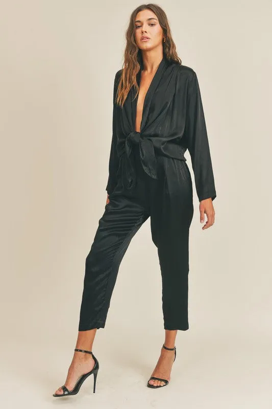 Lizzie Long Sleeve Open Front Tie Satin Jumpsuit