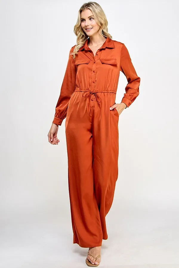 Long Sleeve Jumpsuit With Waist Drawstring