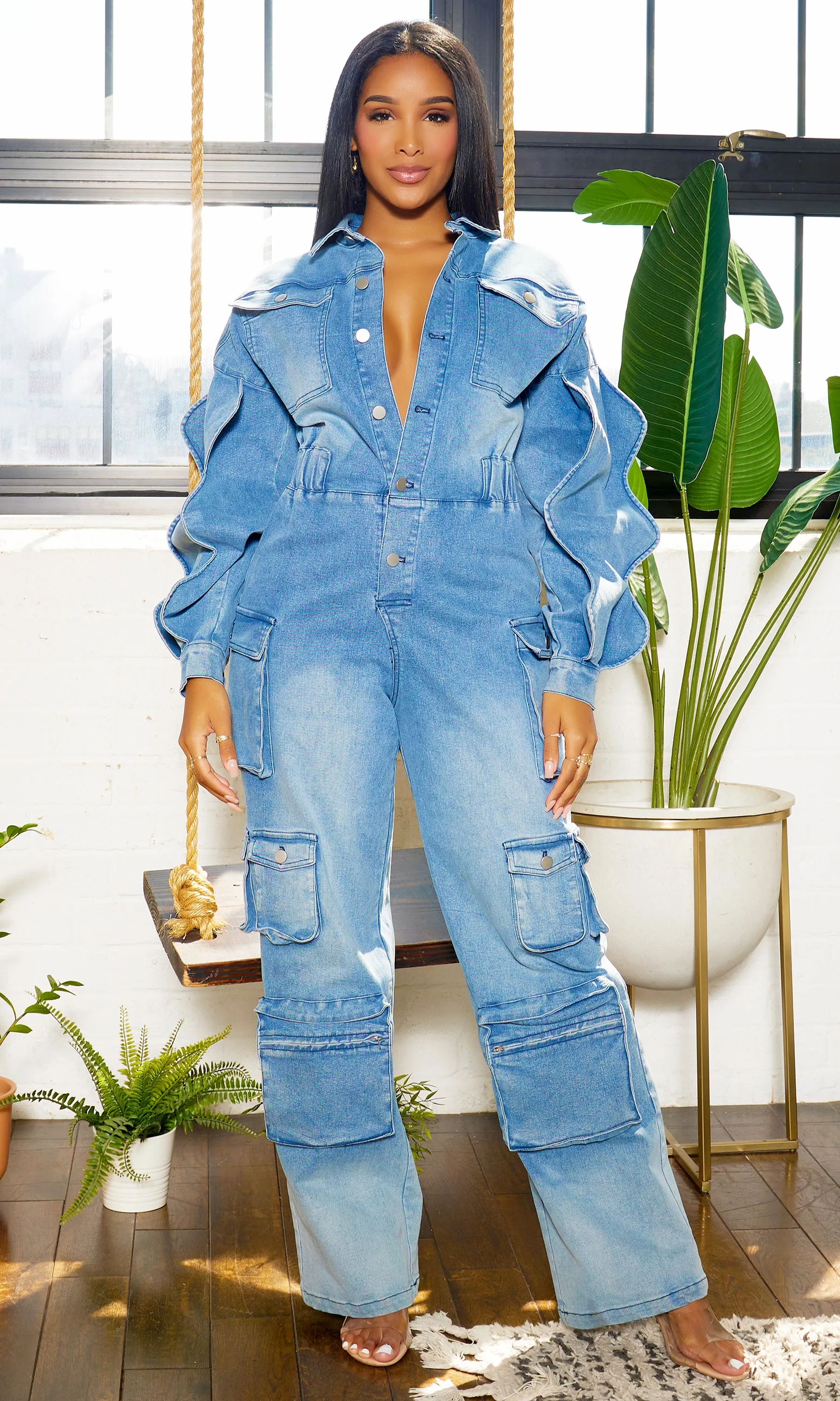 Long Wave Sleeve Cargo Denim Jumpsuit - Medium Wash PREORDER Ships Early Feb