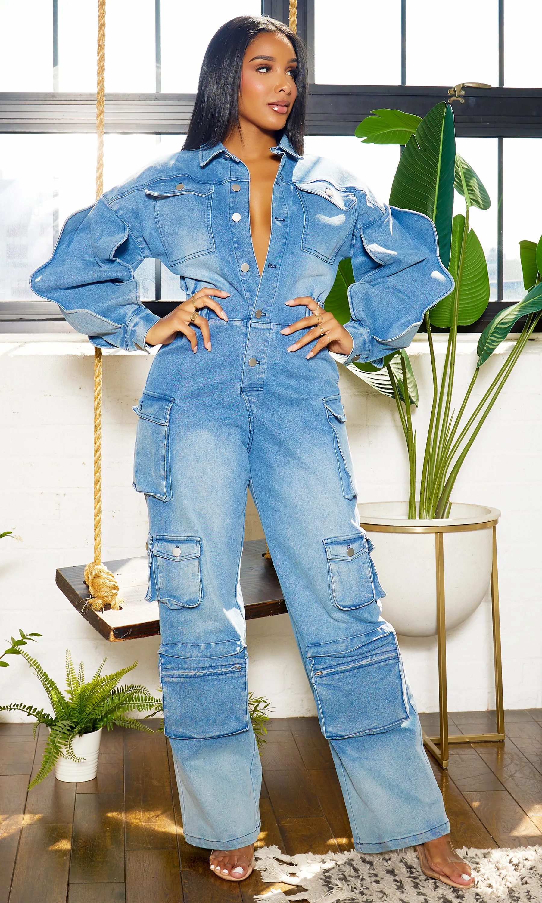 Long Wave Sleeve Cargo Denim Jumpsuit - Medium Wash PREORDER Ships Early Feb