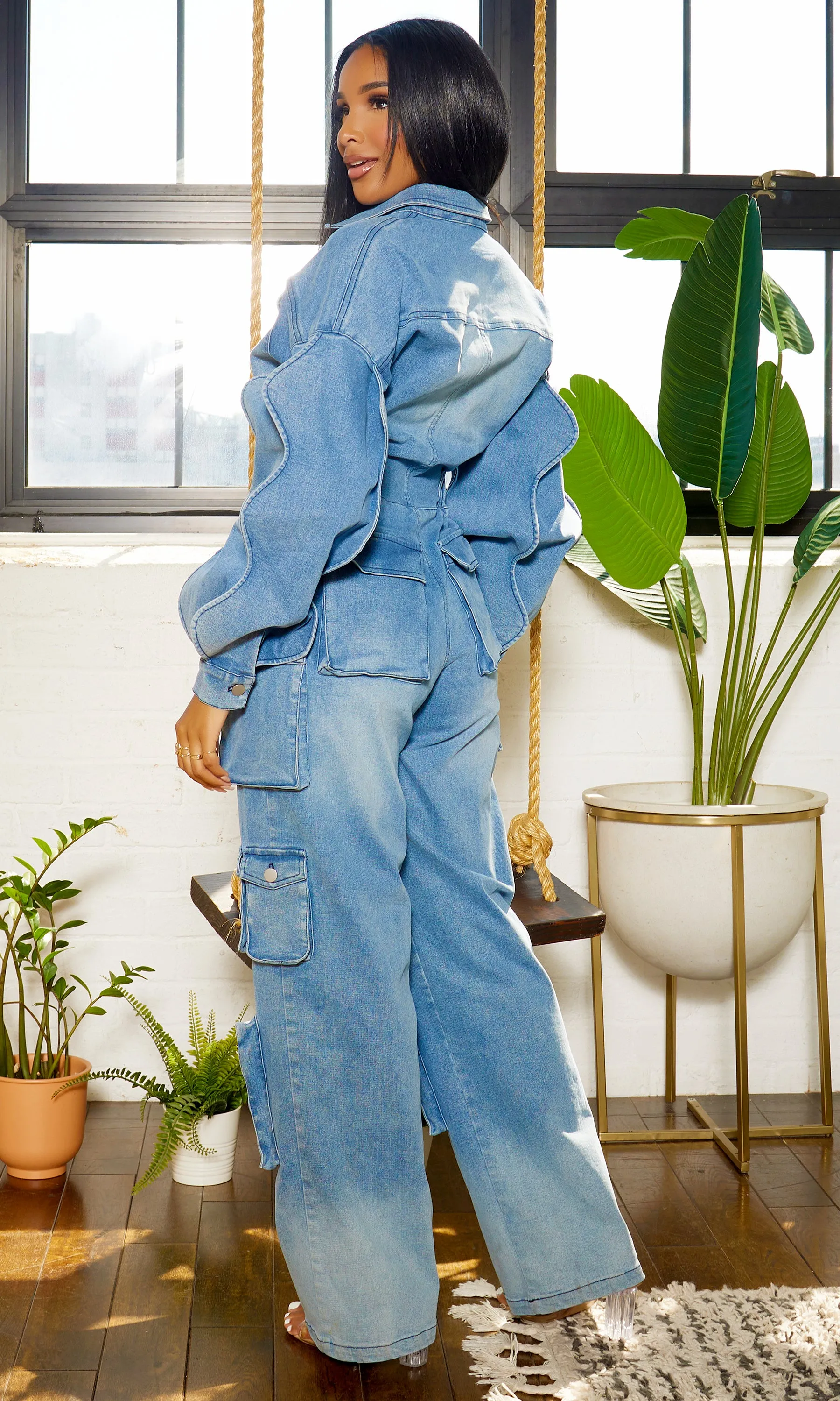 Long Wave Sleeve Cargo Denim Jumpsuit - Medium Wash PREORDER Ships Early Feb