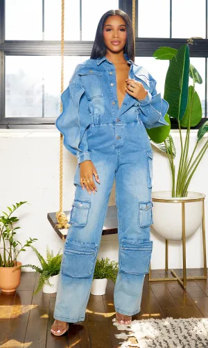 Long Wave Sleeve Cargo Denim Jumpsuit - Medium Wash PREORDER Ships Early Feb