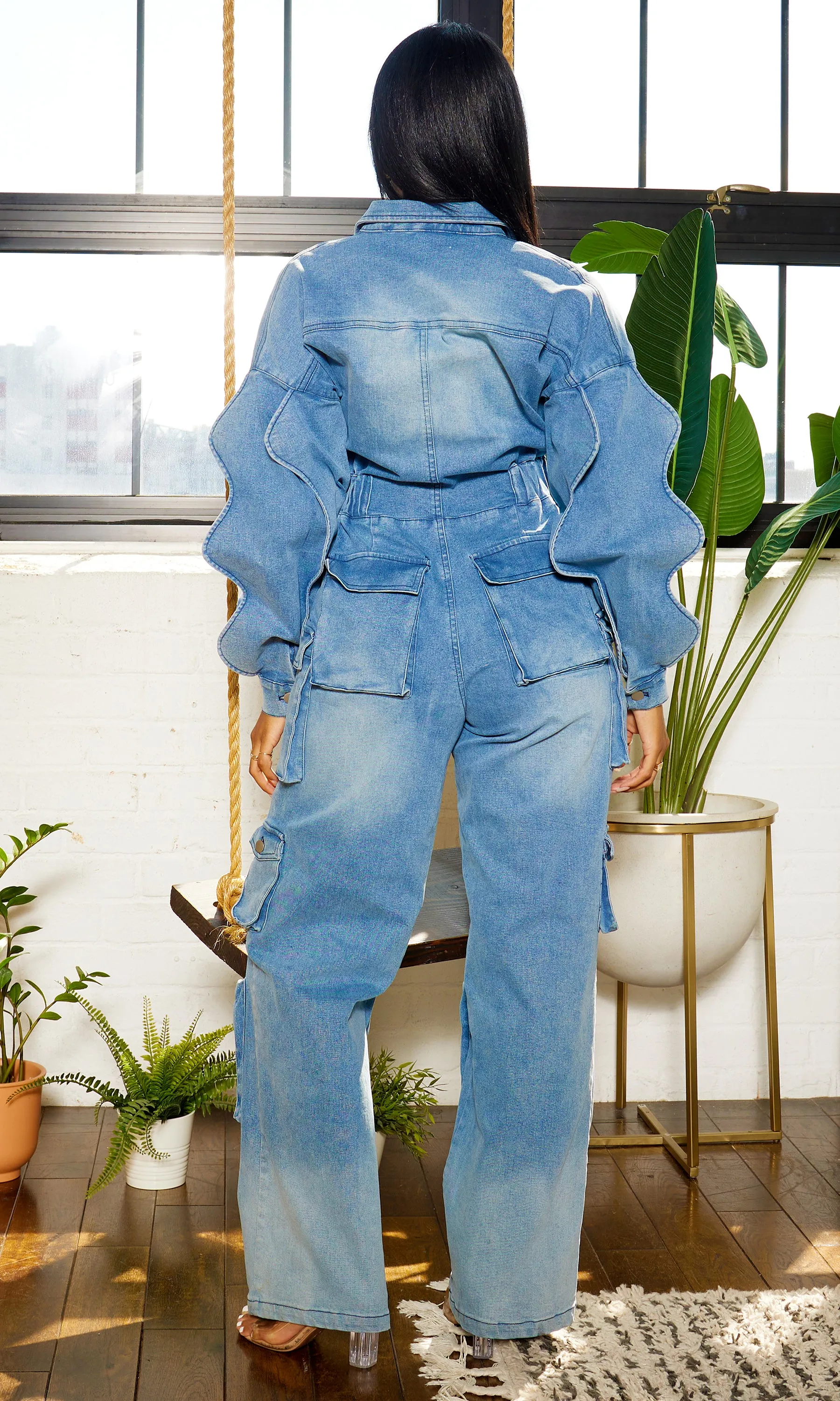 Long Wave Sleeve Cargo Denim Jumpsuit - Medium Wash PREORDER Ships Early Feb