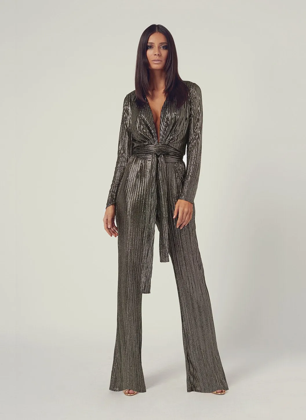 Look 4 Deep V Belted Jumpsuit Gold Stripe