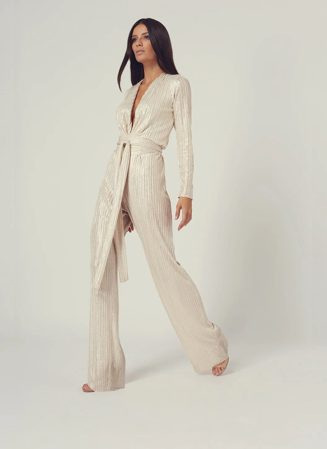 Look 4 Deep V Belted Jumpsuit Gold