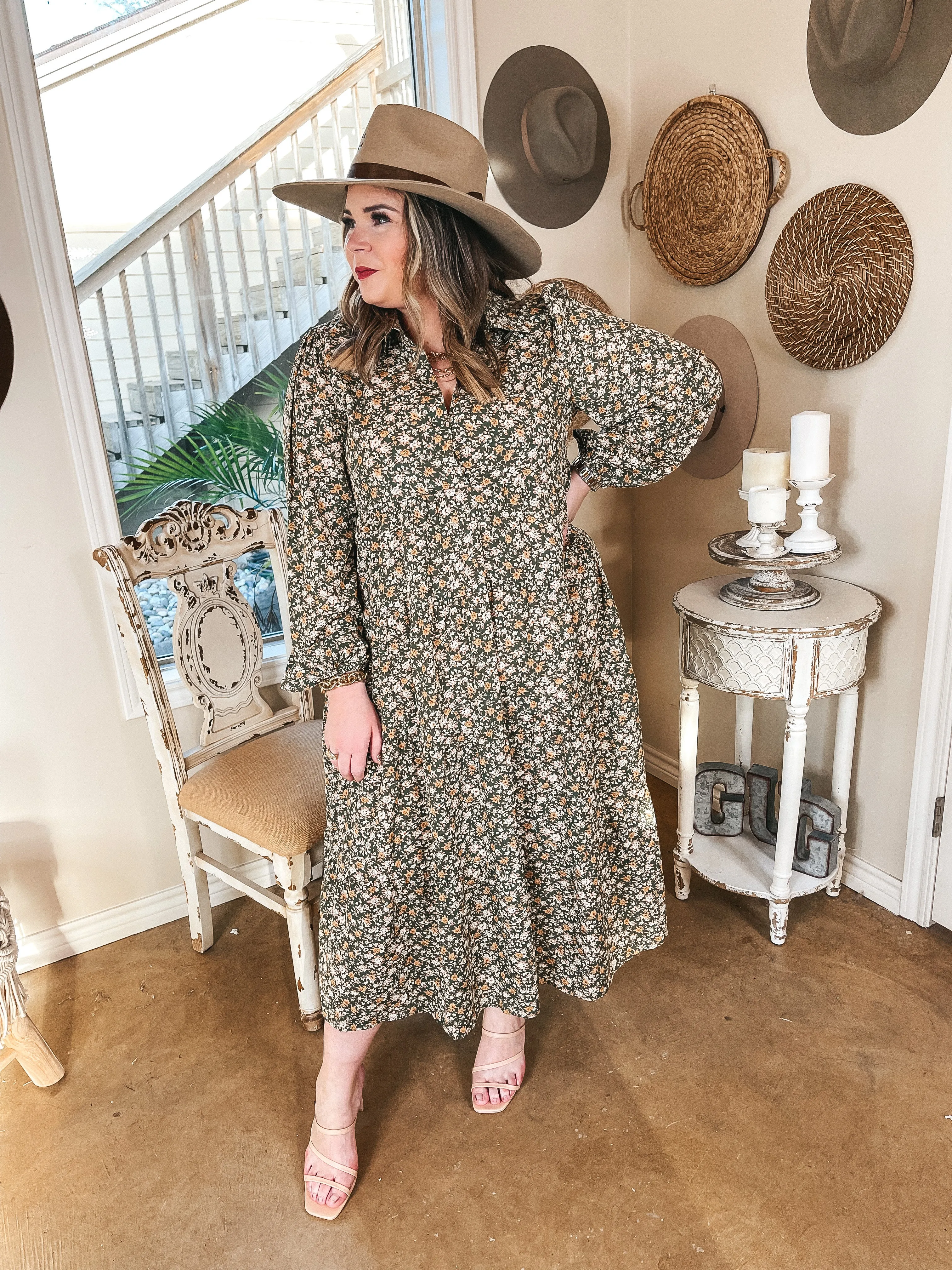 Love Song Long Sleeve Floral Midi Dress in Green