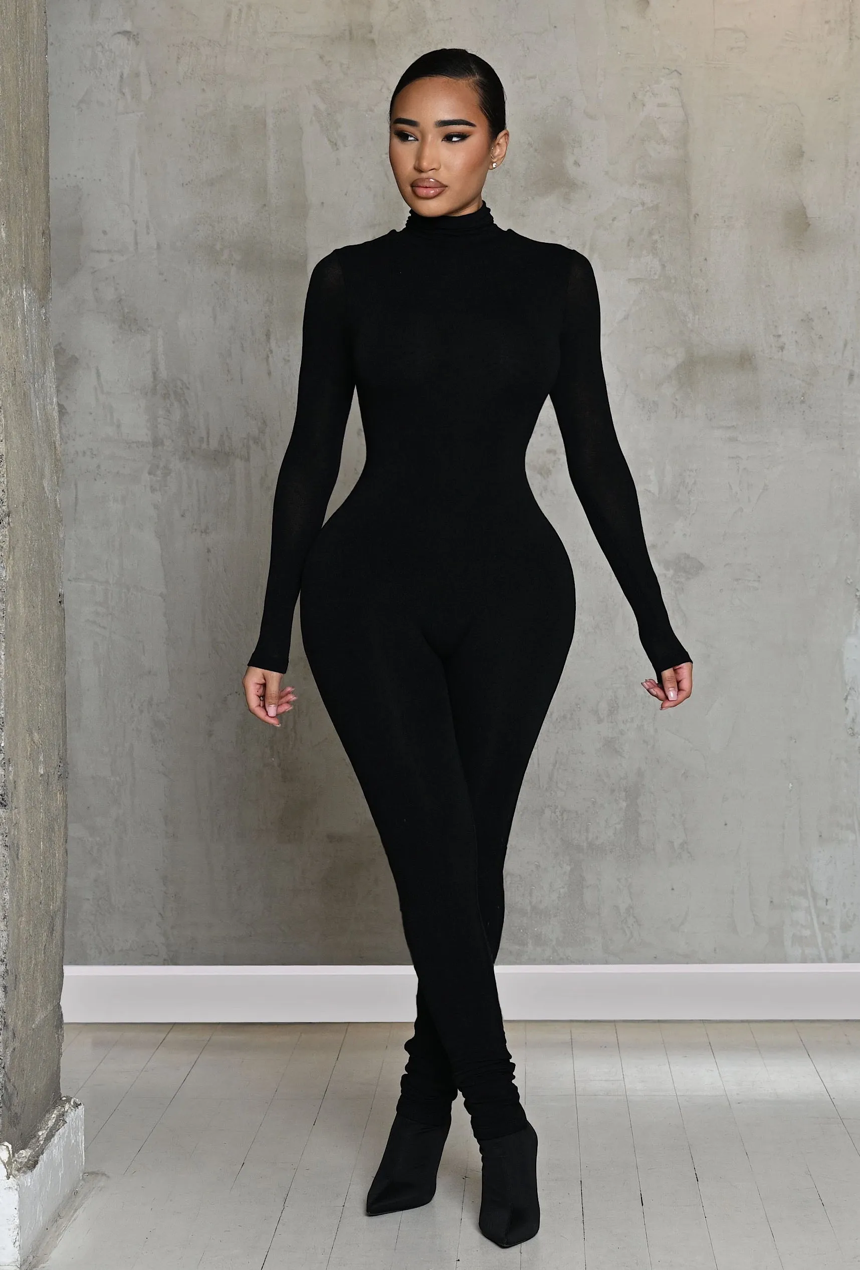 Matte Basix Sculpt Turtle Neck Jumpsuit - Black