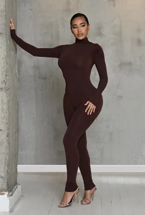 Matte Basix Sculpt Turtle Neck Jumpsuit - Chocolate