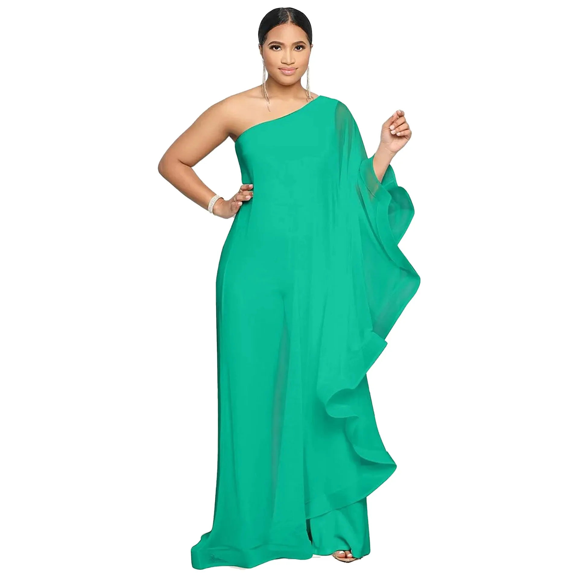 MB FASHION ONE SHOULDER RUFFLE OVERLAY JUMPSUITS 2816LY