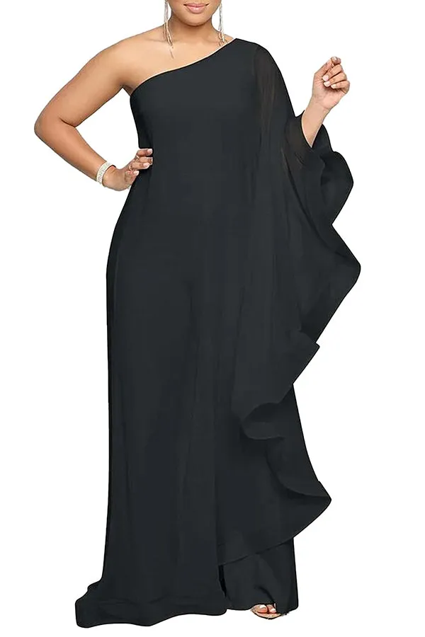 MB FASHION ONE SHOULDER RUFFLE OVERLAY JUMPSUITS 2816LY