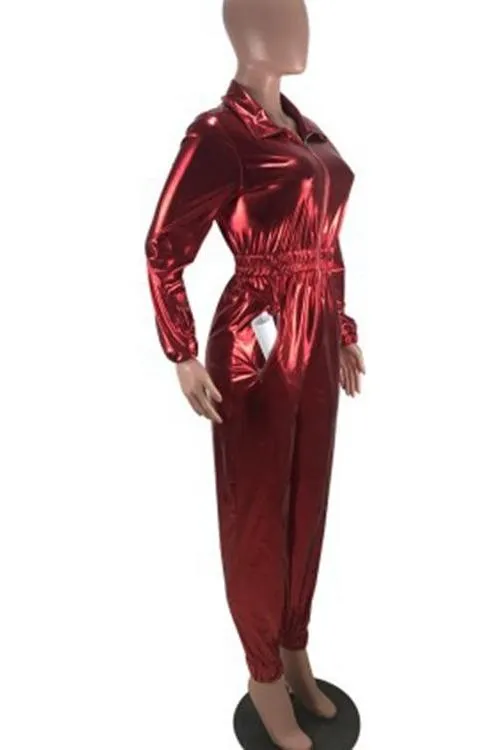 MB FASHION Shiny Metallic Long-Sleeve Zip-Up Jumpsuit with Elastic Waist 8250