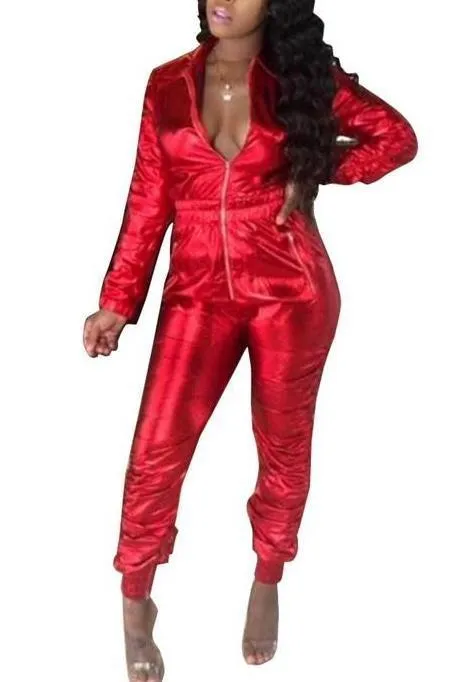 MB FASHION Shiny Metallic Long-Sleeve Zip-Up Jumpsuit with Elastic Waist 8250