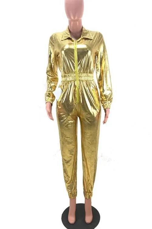 MB FASHION Shiny Metallic Long-Sleeve Zip-Up Jumpsuit with Elastic Waist 8250