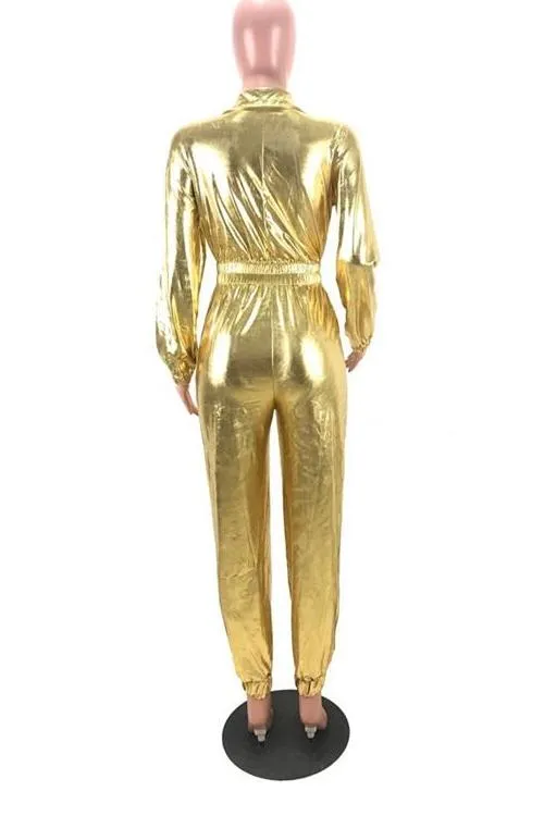 MB FASHION Shiny Metallic Long-Sleeve Zip-Up Jumpsuit with Elastic Waist 8250