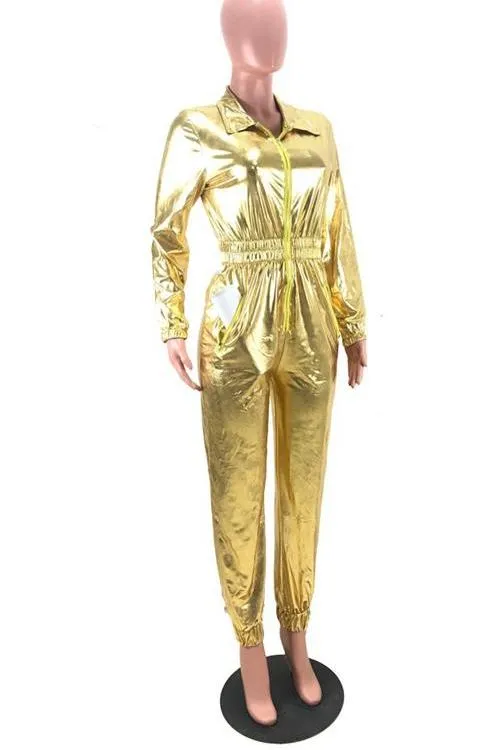 MB FASHION Shiny Metallic Long-Sleeve Zip-Up Jumpsuit with Elastic Waist 8250