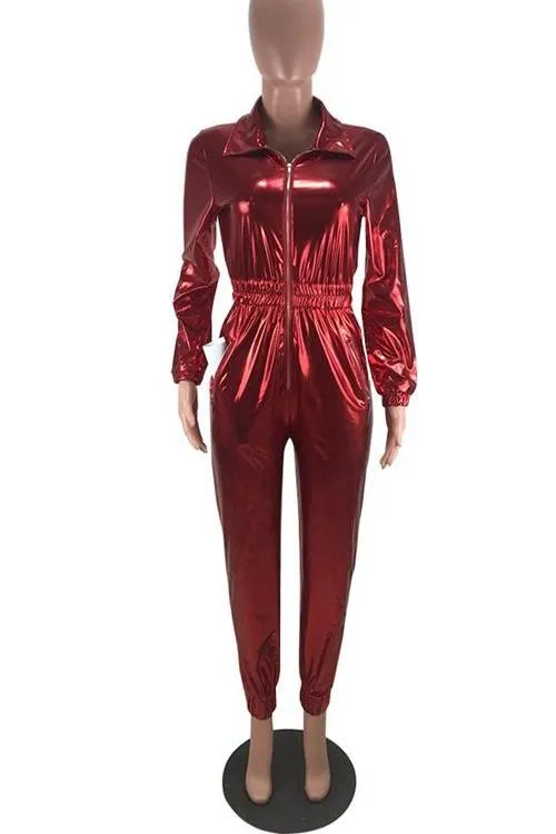 MB FASHION Shiny Metallic Long-Sleeve Zip-Up Jumpsuit with Elastic Waist 8250