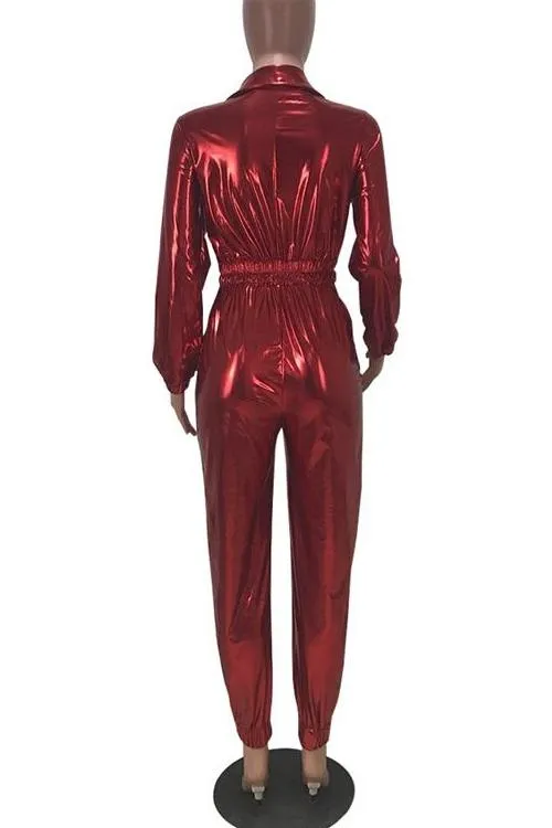 MB FASHION Shiny Metallic Long-Sleeve Zip-Up Jumpsuit with Elastic Waist 8250