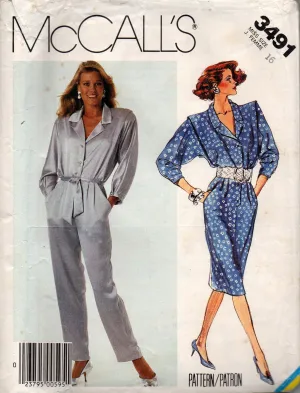 McCall's 3491 Womens Aviator Style Jumpsuit & Shirtdress 1980s Vintage Sewing Pattern Size 16 Bust 38 inches UNCUT Factory Folded