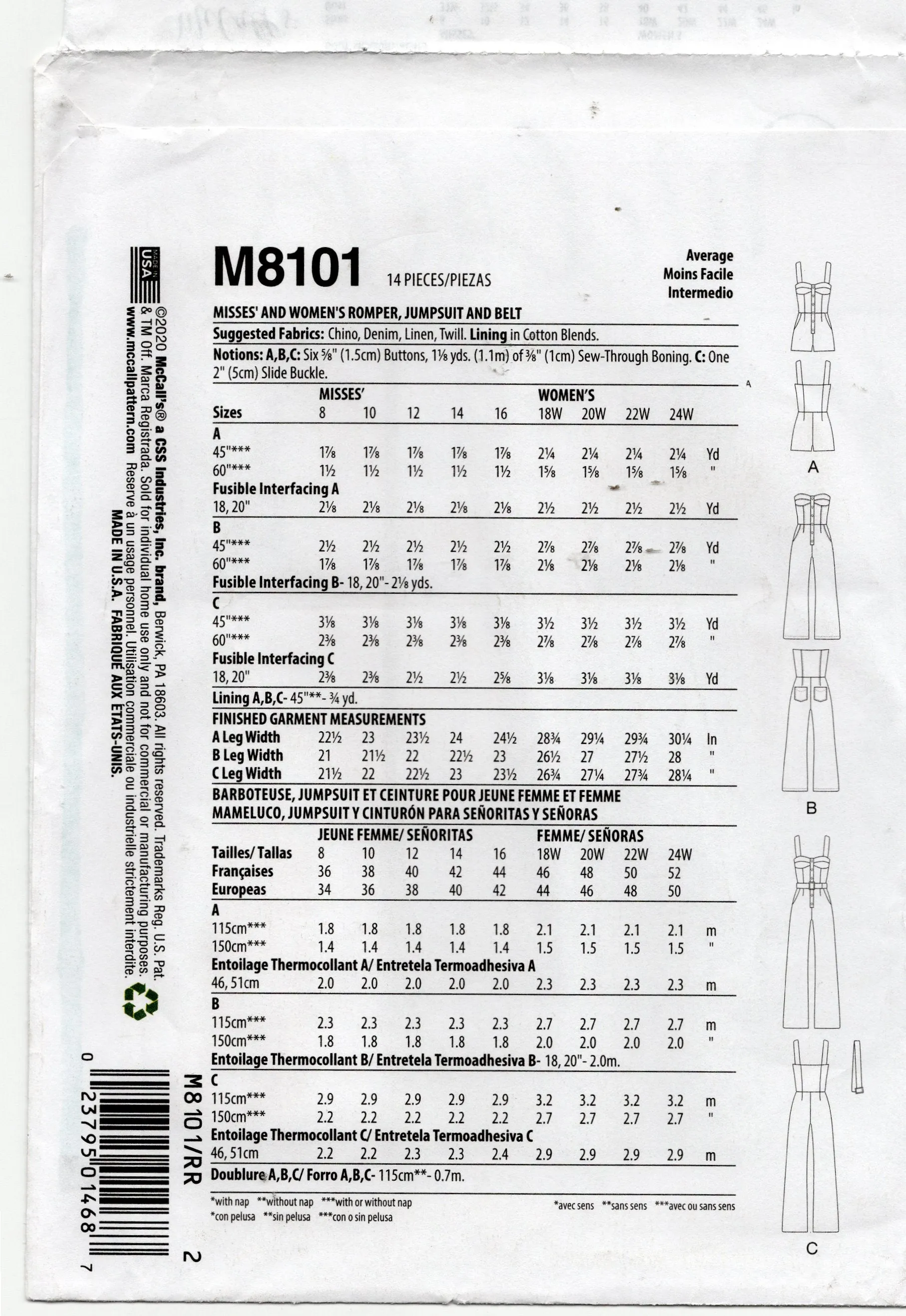 McCall's M8101 #NatalaMcCalls Womens Optional Strapless Jumpsuit & Rompers Sewing Pattern Size 18 - 24 UNCUT Factory Folded