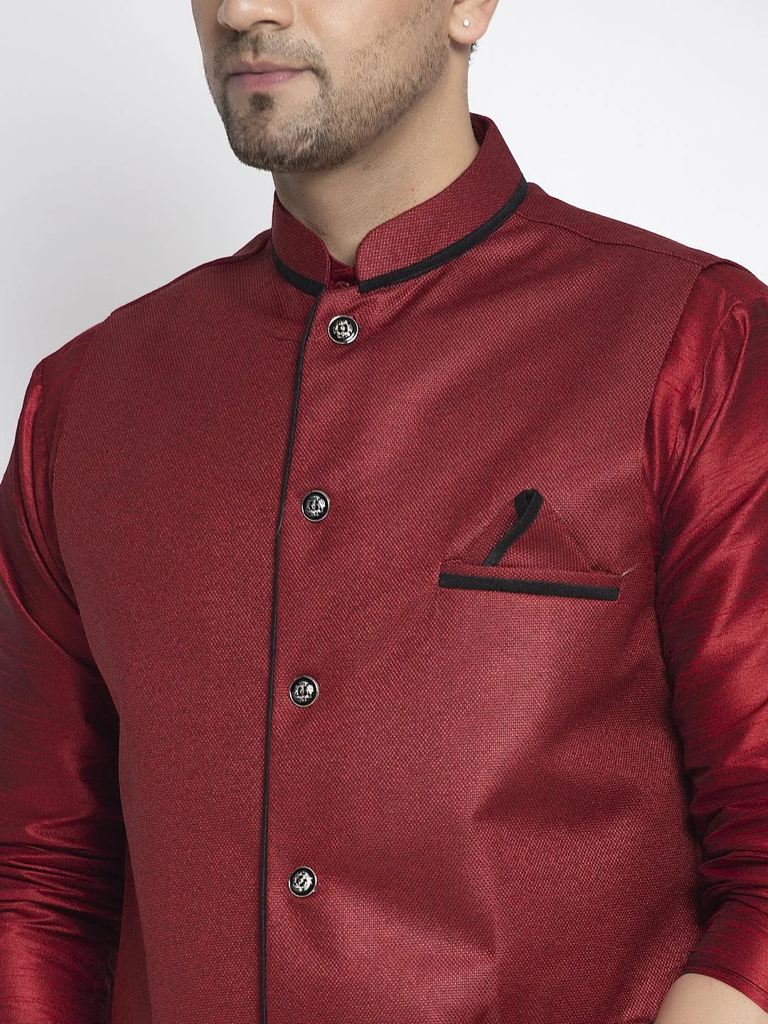 Men's Silk Blend Maroon Kurta With Pyjama & Maroon Nehru Jacket - Benstoke