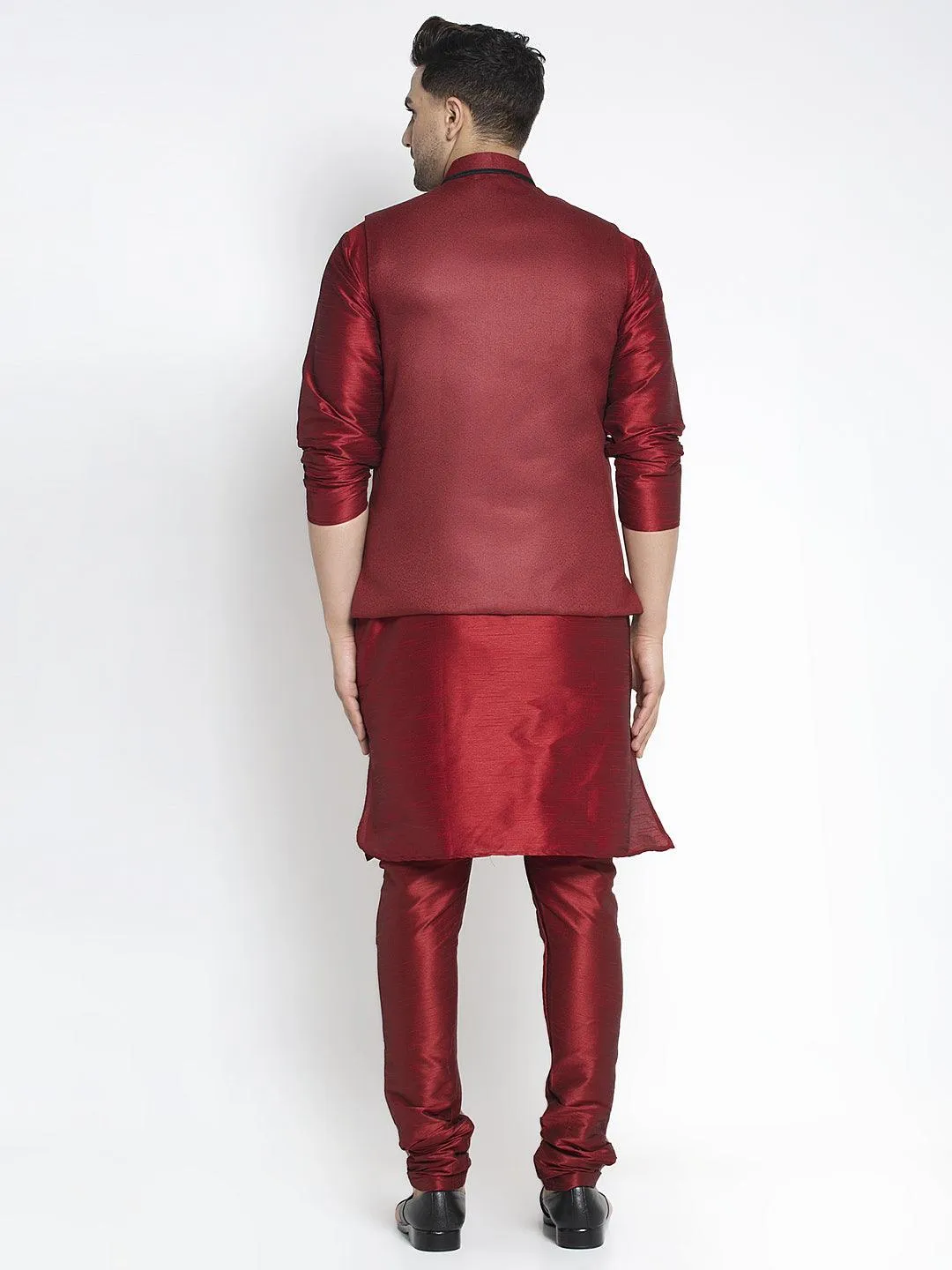 Men's Silk Blend Maroon Kurta With Pyjama & Maroon Nehru Jacket - Benstoke