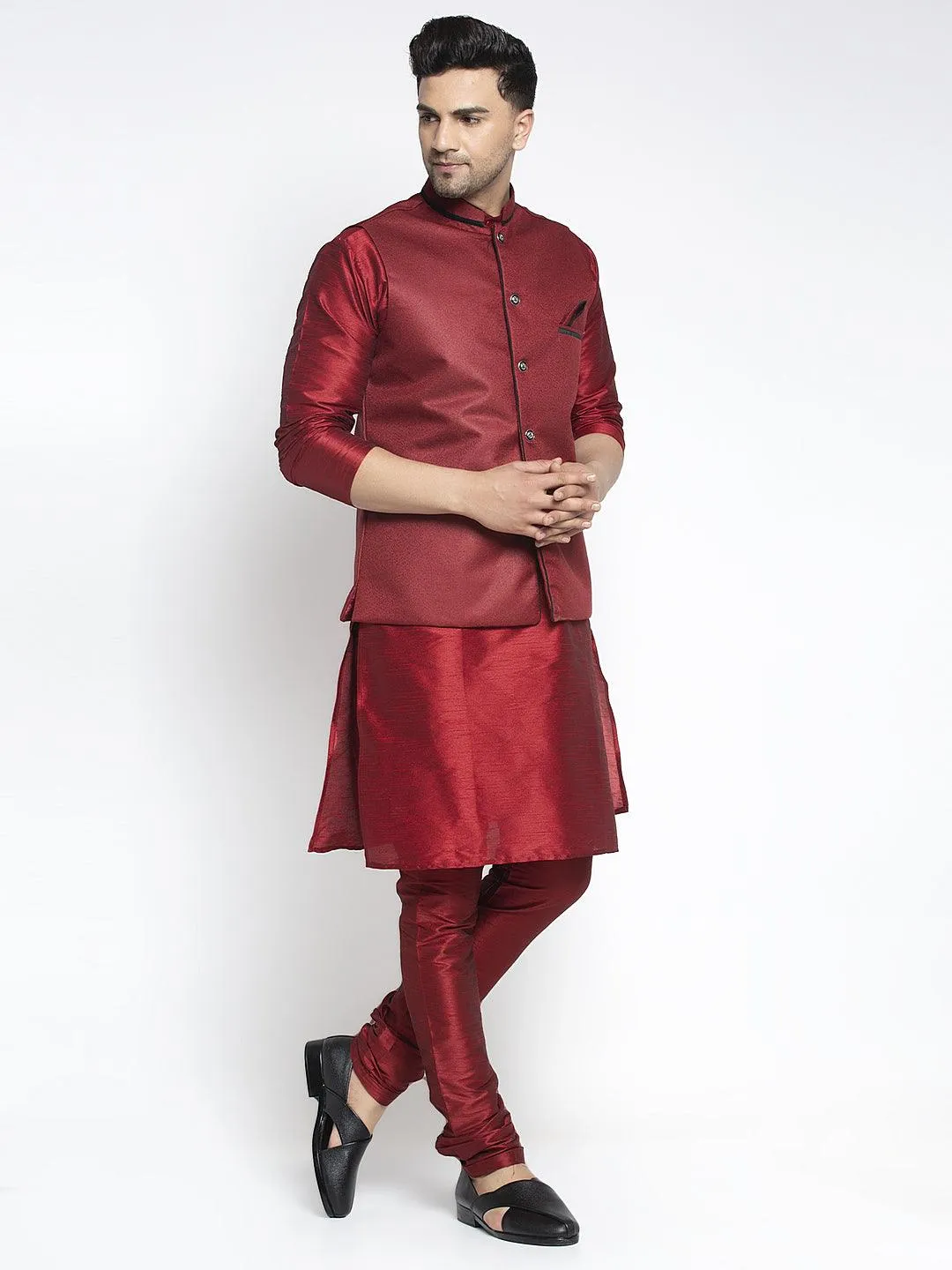 Men's Silk Blend Maroon Kurta With Pyjama & Maroon Nehru Jacket - Benstoke